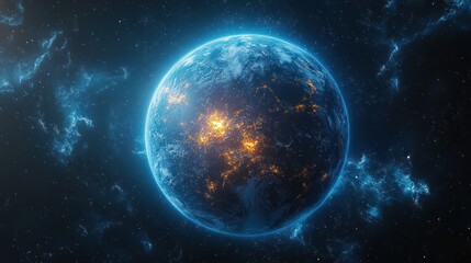 Obraz premium Glowing planet with city lights surrounded by blue energy in space.