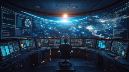A futuristic control room features a panoramic view of Earth, surrounded by high-tech screens displaying data and information.