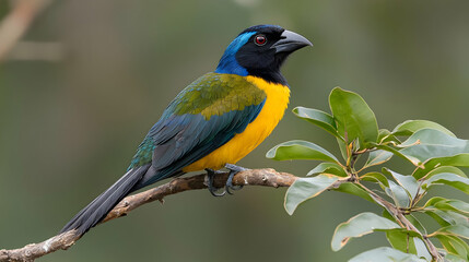 Obraz premium Detailed Portrait of a Vibrant Blue Yellow and Green Bird Perched on a Branch with Lush Green Foliage in the Background
