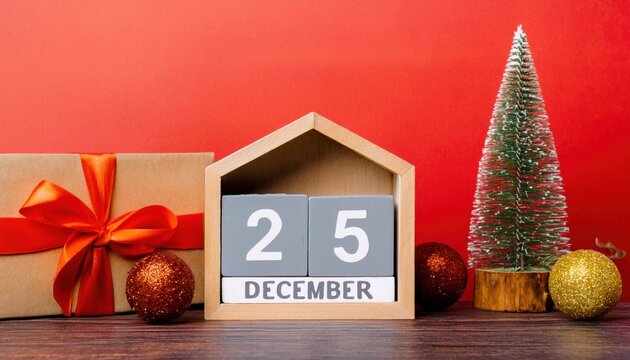 christmas decoration with calendar 25 december, red gift box, tree, ornaments, holiday design, festive background, wooden block date, seasonal decor
