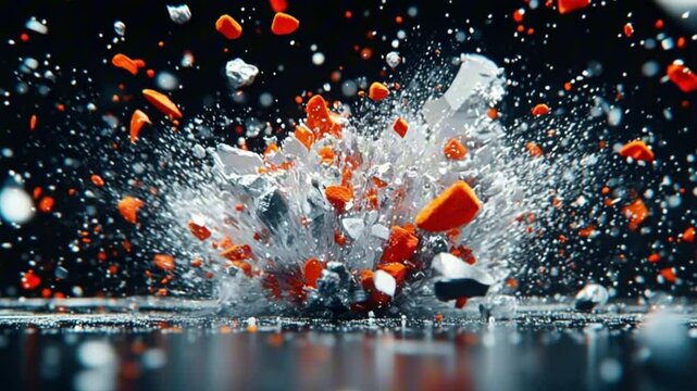 Dramatic explosion creating a stunning array of colorful debris and splashes.

