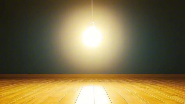 A bright light bulb illuminates an empty wooden-floored room.

