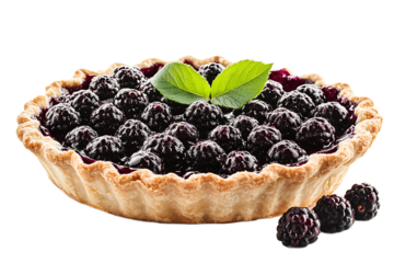 A delectable blackberry pie with a flaky crust and fresh mint leaves on a black background space for text