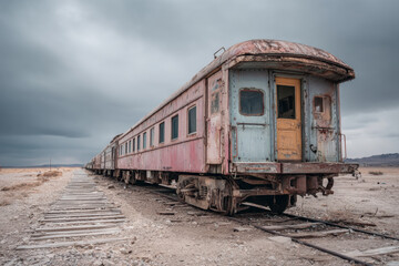 Fototapeta premium An old train car sits on the tracks, rusted iron gleaming in the sunlight. Surrounding weeds hint at years of neglect, adding a touch of nostalgia and mystery.