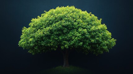 A single tree with green leaves stands against a dark blue background.