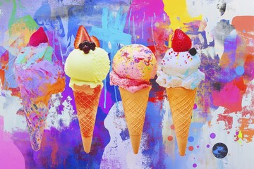Colorful ice cream cones against vibrant abstract background for summer themes