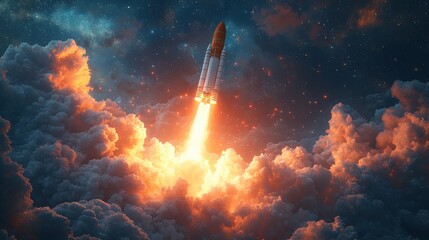 Rocket launches into space against a backdrop of swirling clouds and vibrant colors in a spectacular display of energy