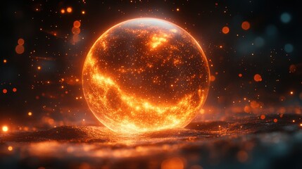 Fiery celestial sphere floats above a shimmering surface in a cosmic fantasy landscape