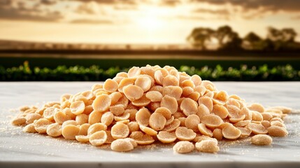 Pile of pasta shells on a marble surface, against a sunset backdrop