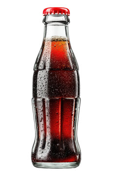Refreshing cold glass bottle of brown soda drink red cap cola dark fizzy on transparent background
