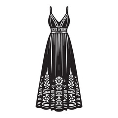 Free-spirited Boho Maxi Dress silhouette, flowing charm and artistic flair – Boho Maxi Dress illustration – Minimalist Boho Maxi Dress vector – Ladies dress silhouette

