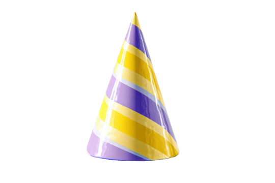 Purple and yellow striped party hat festive celebration design fun cone on transparent background - Powered by Adobe