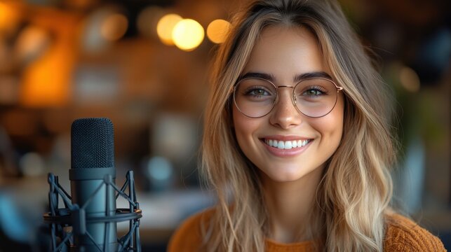 Young woman with glasses smiling at camera near microphone in a cozy, softly lit room promoting a friendly atmosphere