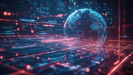 A digital representation of the Earth, surrounded by glowing data streams, symbolizing technology and interconnectedness in a futuristic environment.