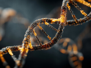 close up of DNA helix with glowing digital elements, symbolizing fusion of biology and technology