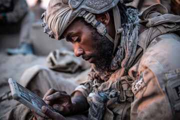 Obraz premium Soldier sits on ground, using phone.