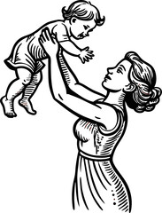 Caucasian woman joyfully lifting baby in black and white.