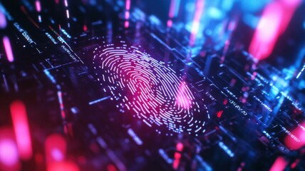 A digital fingerprint is overlaid on a high-tech background, showcasing vibrant colors and a futuristic aesthetic.