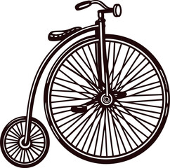 Vintage penny farthing bicycle with large front wheel and decorative spokes.