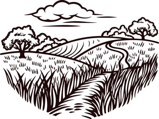 Scenic rural landscape with rolling hills and clouds in black and white