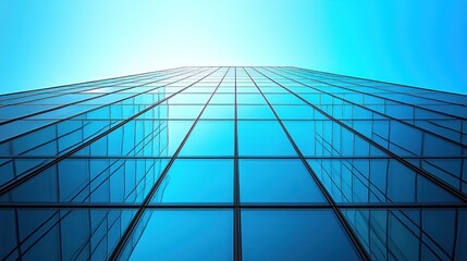 Low angle view of a modern glass building against a bright blue sky.