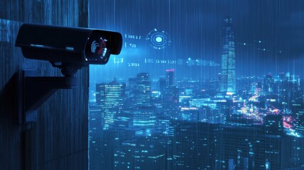 A futuristic cityscape monitored by a surveillance camera, enveloped in rain, showcasing illuminated skyscrapers and digital interfaces.