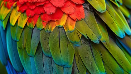 Obraz premium A parrot’s plumage in striking detail, a spectrum of emerald, scarlet, and sapphire feathers layered in perfect symmetry. 