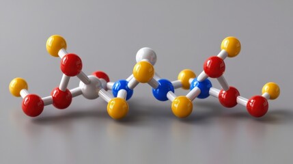 Abstract 3D Molecular Model Red, Yellow, Blue, and White Spheres on Gray Background
