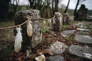 Feather resting on stone wall, contrasting textures, nature meets man-made, simple and serene composition.