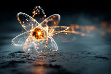 glowing atom model with orbiting electrons and bright nucleus, set against dark background, symbolizes energy and science