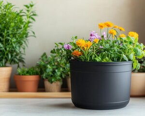 Fototapeta premium Indoor flower garden with vermicomposting bin, circular sustainability, ecofriendly gardening lifestyle