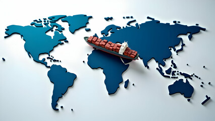 Blue and White Palette and Container Ship Model on World Map