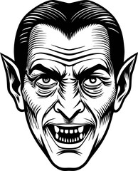 Monochrome of male vampire face with classic features and dark expression