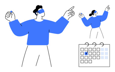 Two characters wearing VR headsets engaging in interactive gestures with a marked calendar. Ideal for time management, planning, VR technology, innovation, teamwork, multitasking, productivity. Clean