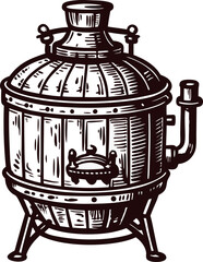 Vintage metal distillery apparatus with pipes and valve in black and white design
