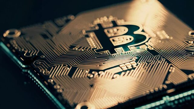 Closeup of bitcoin microchip with circuit patterns
