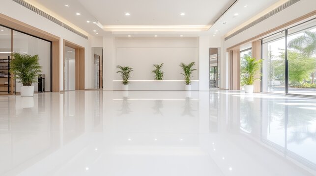 Modern, spacious, minimalist lobby with polished white floors and plants