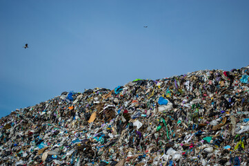 A sprawling landfill is filled with various types of garbage, reflecting the environmental challenges of waste management and pollution