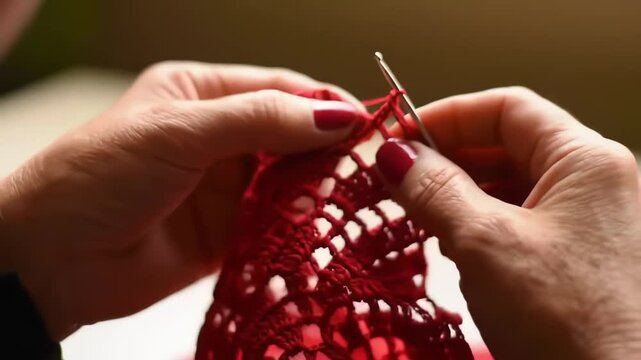 Skillful hands crocheting red doily representing handmade craft and hobby
