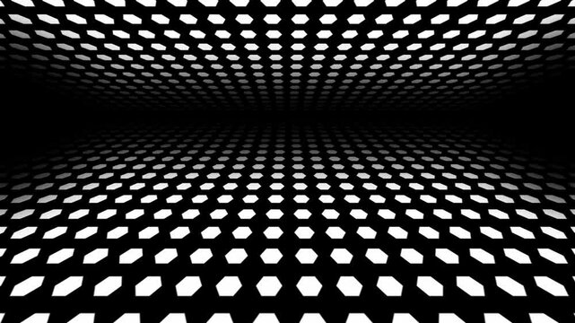 retro futuristic background animation of space tunnel travel ship pov perspective slow motion movement of  geometric shape hexagon hive in datum grid pattern order