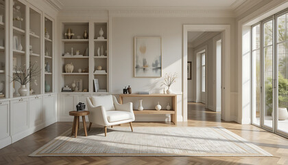 Fototapeta premium Interior Design living room with soft textiles, geometric decor, and sculptural accents. A modern yet cozy space.