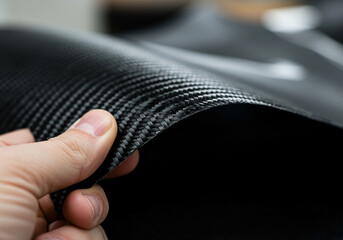 a close-up of a hand holding a piece of carbon fiber material. The surface showcases the characteristic woven texture of carbon fiber with a shiny, dark finish.