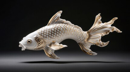 Delicate porcelain fish figurine with gold details floating against a dark backdrop