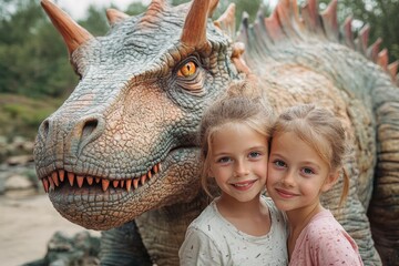 Fototapeta premium Two sisters hugging and smiling near a life-size dinosaur statue, enjoying a day at the park