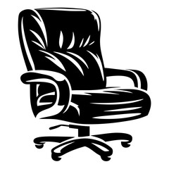 Black and white graphic of a luxurious executive office chair on wheels