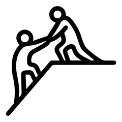 Two minimalist figures, one helping another up a steep slope. Symbol of support, teamwork, and assistance. Black and white graphic depicting aid, collaboration, mutual help, and encouragement