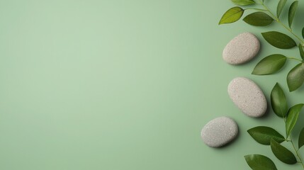 Spa stones and green leaves on pastel background, Relaxing spa background with stones and leaves