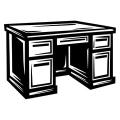 Stylish monochrome graphic illustration of a vintage office desk with drawers