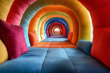 Soft, colorful cushions line a rainbow tunnel, creating a cozy and inviting space for relaxation