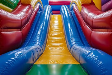 Inflatable playground slide featuring vibrant colors, promoting active fun for kids